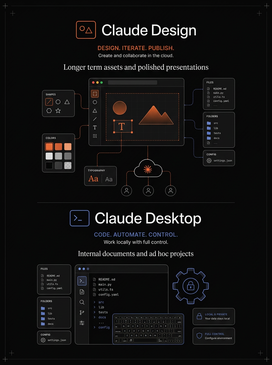 Claude Design for visual cloud work, Claude Desktop for local code and automation